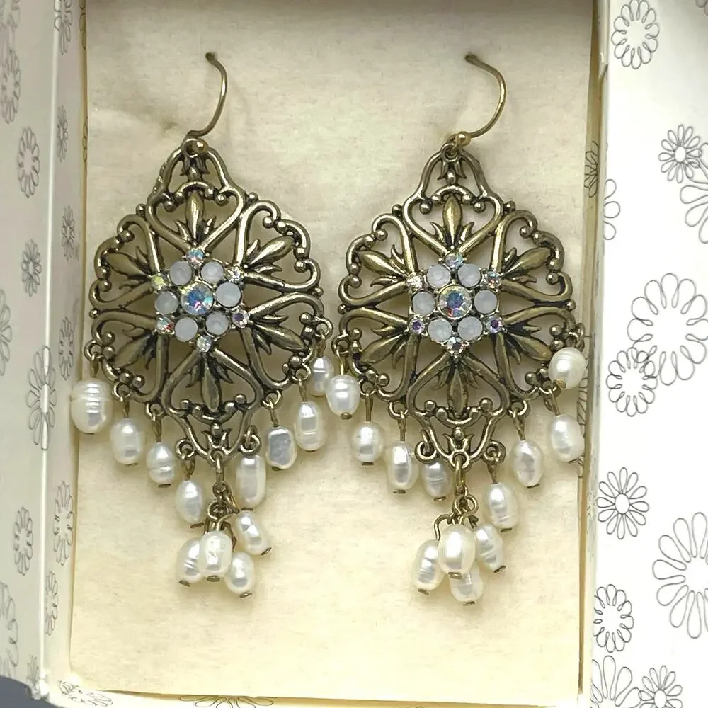 Silver Plate Fresh Water Pearls Flower Earrings Dangle Avon Jewelry 3